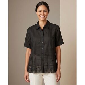J.M.P. XL Vintage 2000s Y2K Black 100% Linen Embroidered Lace Trim Button Shirt